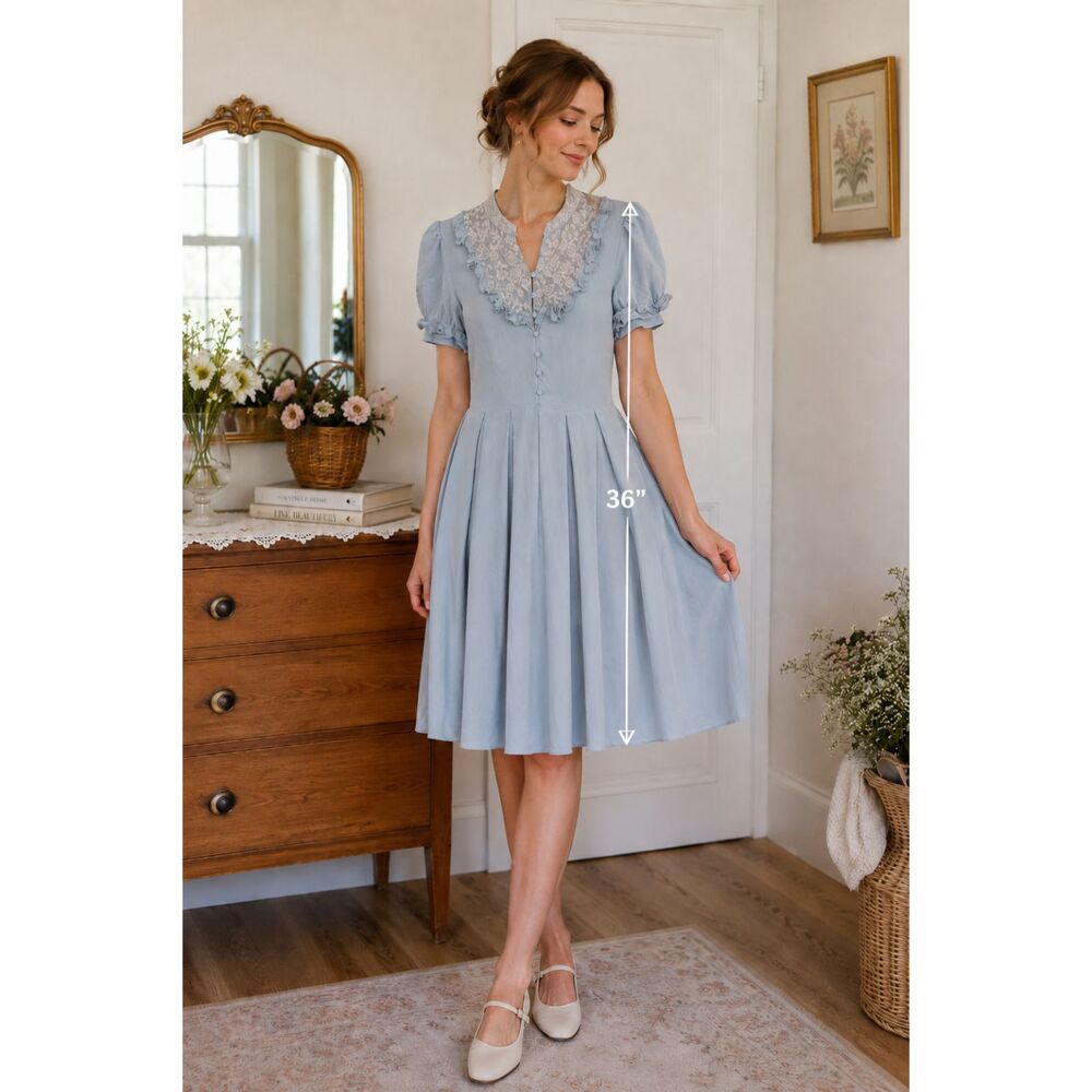 Lil Vintage 100% Silk Baby Blue Lace Collar Dress Size 6 Cottage